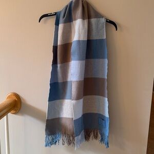 Coach Blue and Gray Plaid Fringe Scarf